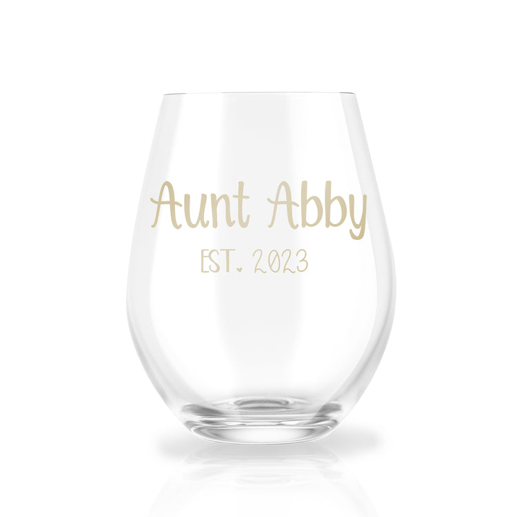 Auntie Reveal est. - Personalized Stemless Wine Glass