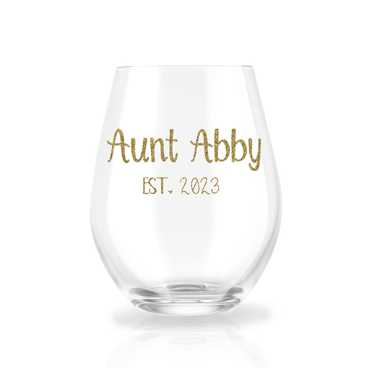 Auntie Reveal est. - Personalized Stemless Wine Glass