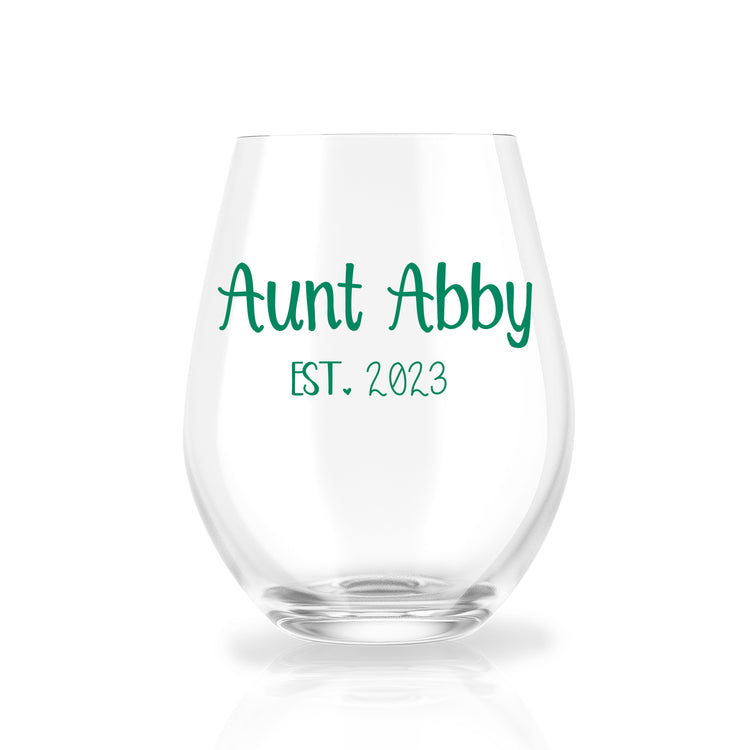 Auntie Reveal est. - Personalized Stemless Wine Glass