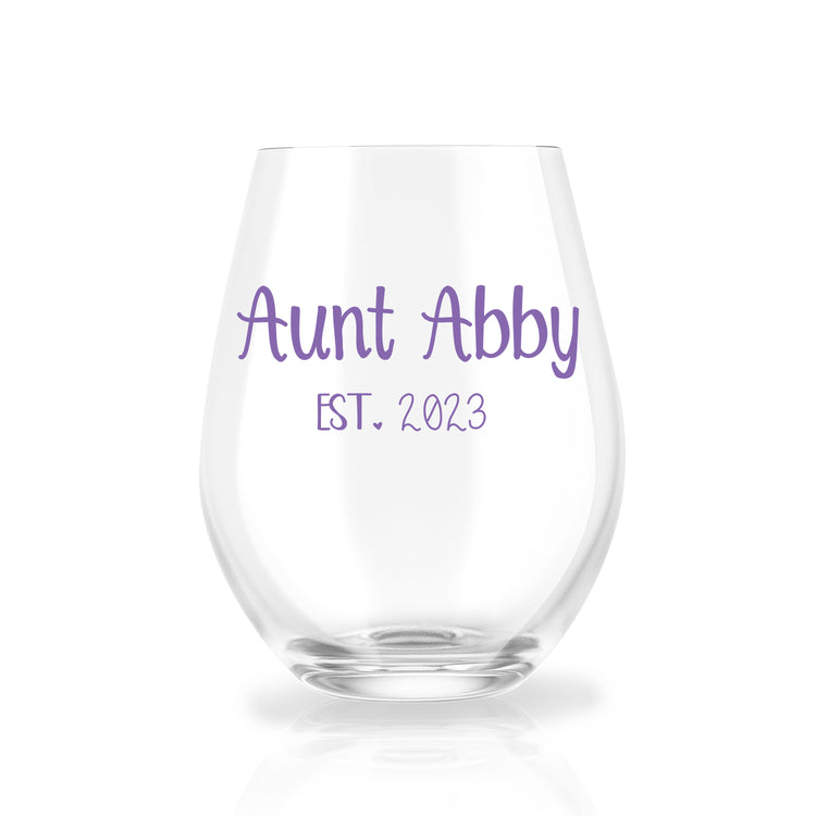 Auntie Reveal est. - Personalized Stemless Wine Glass