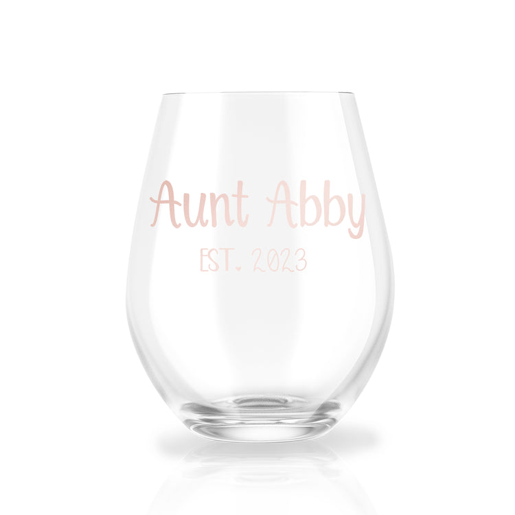 Auntie Reveal est. - Personalized Stemless Wine Glass