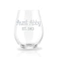 Auntie Reveal est. - Personalized Stemless Wine Glass