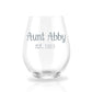 Auntie Reveal est. - Personalized Stemless Wine Glass