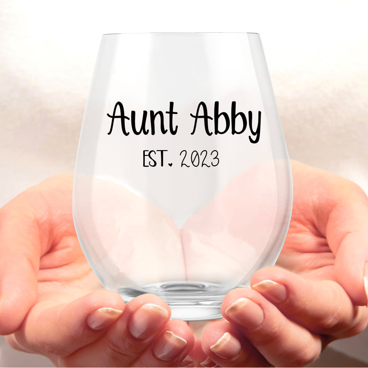 Auntie Reveal est. - Personalized Stemless Wine Glass