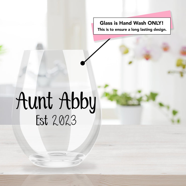 Auntie Reveal est. - Personalized Stemless Wine Glass