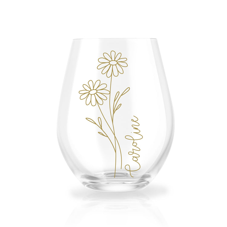 Custom Birth Flower and Name Stemless Wine Glass