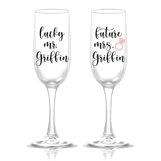 Future Mrs. and Lucky Mr. Glass Set - 6 oz Champagne Flutes