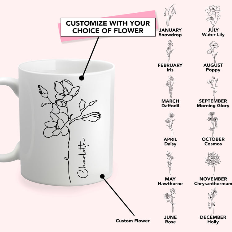 Custom Birth Flower and Name 15oz Ceramic Coffee Mug