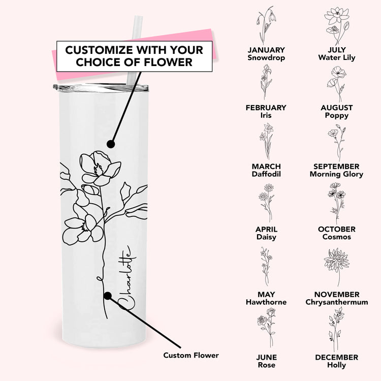 Metal Tumbler Personalized with Custom Birth Flower and Name