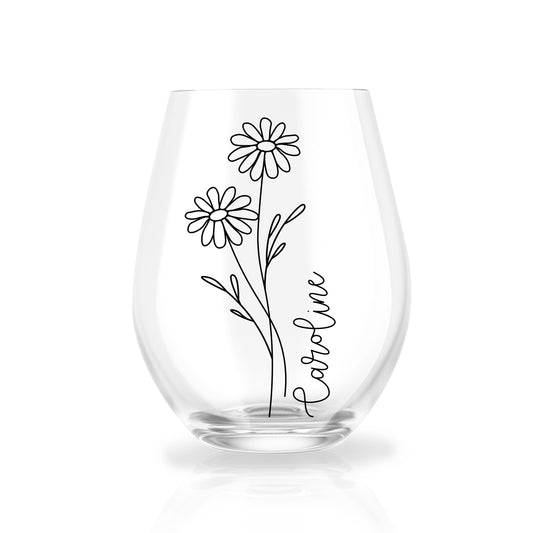 Custom Birth Flower and Name Stemless Wine Glass