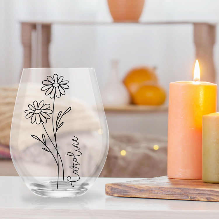 Custom Birth Flower and Name Stemless Wine Glass