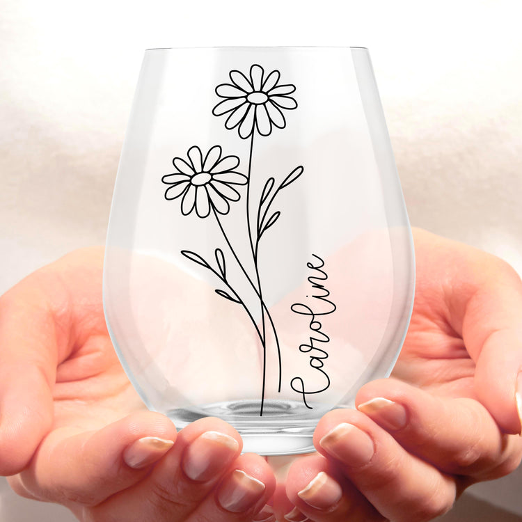 Custom Birth Flower and Name Stemless Wine Glass