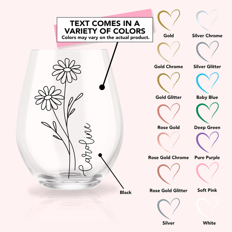 Custom Birth Flower and Name Stemless Wine Glass