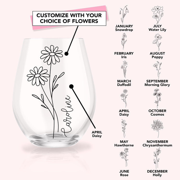 Custom Birth Flower and Name Stemless Wine Glass